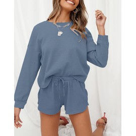 wkwmrpet Women's Waffle Knit Long Sleeve Top and Shorts Pullover Nightwear Lounge Pajama Set with Pockets