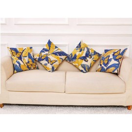 Throw Pillow Covers Set of 4 Mustard Yellow and Blue Cushion Covers 45 x 45 cm Tropical Leaves Butterfly Linen Square Throw Pillow Cases 18 x 18 Inch Decorative for Living Room Bedroom Sofa Couch Bed