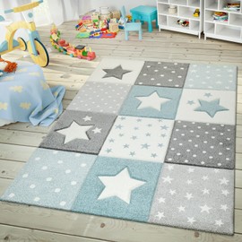 Paco Home Kids Rug for Nursery Checkered with Dots & Stars in Blue White Grey, Size: 2'8" x 4'11"