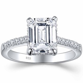 SHELOVES 3 Ct Emerald Cut Engagement Rings 5A CZ Fake Diamond Travel Engagement Ring 925 Sterling Silver Rings for Women Sz Q