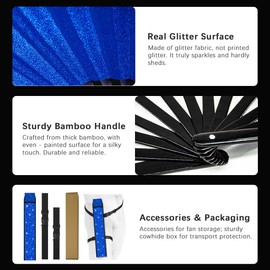 Raveahem Glitter Large Rave Folding Clack Hand Fan with Holster for Men/Women Handheld Fan for EDM,Festival,Club,Party,Dance (Blue)