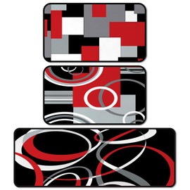 Maasechs 3 Pcs Geometric Kitchen Rugs and Mats Set Red and Black Floor Mat Non Slip Washable Minimalist Runner Rug Modern Abstract Kitchen Decor for Home Bar Office Bathroom Door Decor