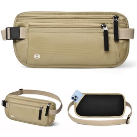 Cangurera de Viaje Oculta con Tecnología Bloqueo RFID, Riñonera Ultrafina Impermeable y Antirrobo,Cinturón Hombre y Mujer Ajustable para Viaje,Deporte, Running, Ejercicio (Caqui)