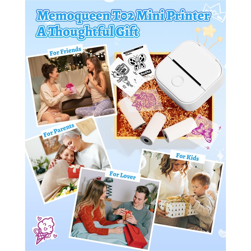 Memoqueen T02 Sticker Printer with 3 Rolls Paper, Portable Thermal