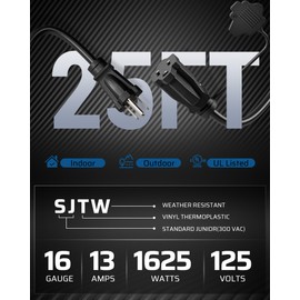 DEWENWILS 25Ft Outdoor Extension Cord Multiple Outlets, Evenly Spaced 3 Outlets Plugs with Safety Cover, 16/3 SJTW Weatherproof Wire for Outdoor String Lights and Holiday Decorations, UL Liste