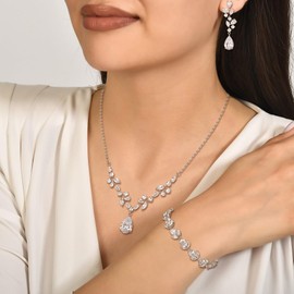 Crysdue Wedding Bridal Jewelry for Women Bridesmaid, Sparkle Teardrop Marquise Cubic Zirconia Y-Necklace Dangle Earrings Tennis Bracelet Elegant Prom Jewellery Set Clear Silver-Tone