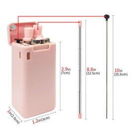 Biiange Pink Foldable Reusable Straws with Case, Stainless Steel Collapsible Straws with Silicone Tips and Cleaning Brush, Portable Folding Drinking Straw Set for Travel, Home & Office
