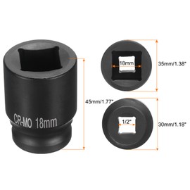 sourcing map 4 Point Square Socket 1/2" Drive 18mm Metric Square Impact Socket CR-MO Blackening Standard Wheel Sockets Pneumatic Socket Tool for Auto Repair Mechanical Maintenance Home Use
