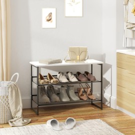 Garden 4 you Shoe Rack for Entryway 3 Tiers 11.8" D x 25" W x 20" H, Metal Shoe Rocks with White Wooden Tabletop, Angled Shoes Rack with Adjustable Mesh Shelves for Entryway Hallway Closet
