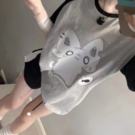 Y2k Cute Kawaii Anime Graphic Tees Oversized Shirts Streetwear Cutecore Clothes 2000s Emo Fairy Grunge Pastel Goth (Sincere Cat Black Grey,Small)