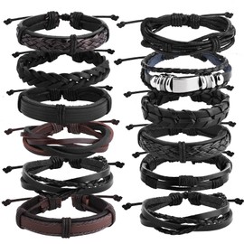 Yolev Pack of 12 Men's Braided Leather Bracelets, Men's Jewellery, Women's Cuff Wrap Bracelets, Adjustable, Black, Brown, Wide Bracelets, Braided Leather Bracelets, Leather, No gemstone