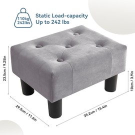 Poofzy Small Foot Stool Ottoman, Velvet Ottoman Foot Rest with Legs, Rectangle Foolstool Ottomans for Couch, Ottoman Foot Stools for Living Room Entryway (Gray)