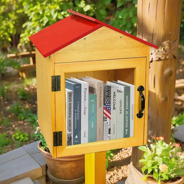 Outdoor Library Book Box Storage, Red Wooden Cabinet Little Literature