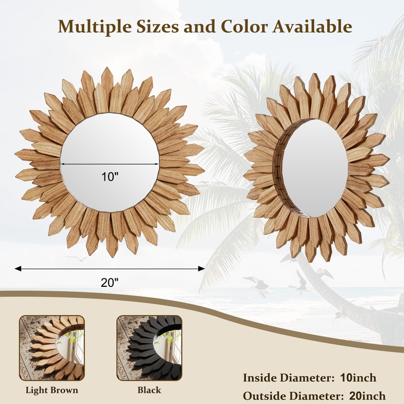 VETROVUE 20 Inch Brown Boho Wall Decor Sunburst Mirror -