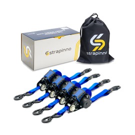 Strapinno Retractable Ratchet Straps - 1 in x 12 ft Heavy Duty Tie Downs, 1800lbs Breaking Strength Each, S Hooks with Safety Clip, AutoRetract, for Moving, Motorcycle, Boat, Kayak, and Cargo (4 PCS)