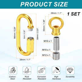 PATIKIL M10 Fine Thread Lamp Female Loop Holder with M12 Adapter Chain Quick Link, Lifting Eye Nut Hook Ring Structural Support to Chandelier, 132 lbs Load Gold