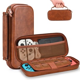 Younik Switch Case for NS Switch and Switch OLED, PU Leather Portable Travel Case with 9 Games Slots, Brown