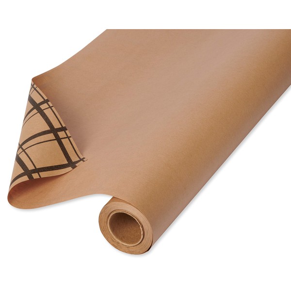 American Greetings Reversible Wrapping Paper, Kraft and Plaid (1 Jumbo