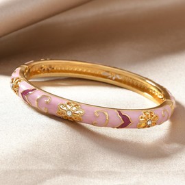Cloisonne Bracelet For Women, Chunky Bangle Trendy Cute Flower Enamel Bangles Multi Tone Engraved Cuff Gold Plated Bracelets Stackable Wife Jewelry Friendship Gift (Flower Diamond Pink, One Size)