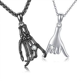 AXOMY Couple Necklace Set 925 Sterling Silver Skeleton Pinky Promise Matching Pendant Necklace Anniversary Couples Jewelry for Women Men Husband Wife Him Her