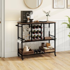 COSTWAY Bar Cart for The Home, 3 Tiers Industrial Beverage Cart w/Glass Racks, Wine Holders, Hooks & Storage Trays, Lockable Wheels, Small Serving Station for Kitchen, Dining Room, Vintage Grey Oak