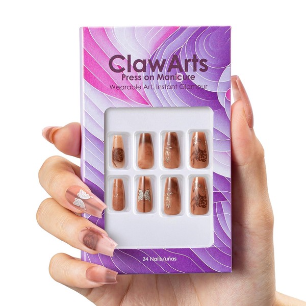 ClawArts Long Coffin Brown Press-On Nails with Butterfly & Gold
