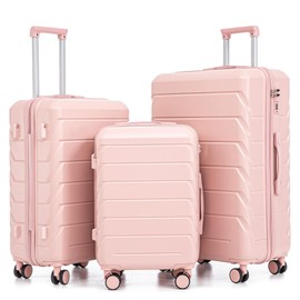 Merax 3 Luggage Sets, ABS Hardshell Suitcase Durable Lightweight with Combination Lock, Pink Horizontal Stripe, 20/24/28 Inch