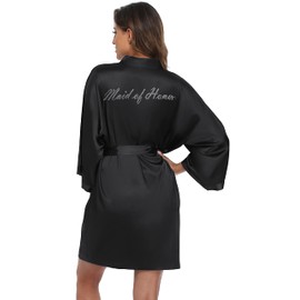 goodmansam Women's Satin Kimono Robe with Silver Rhinestones Bride Bridesmaid Robes for Wedding Party Robe Getting Ready