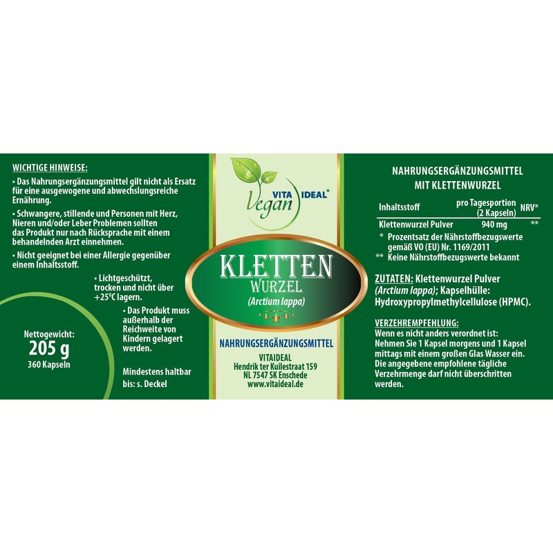 Vitaide Vegan Burdock Root 360 Vegetable Capsules 550 mg Each
