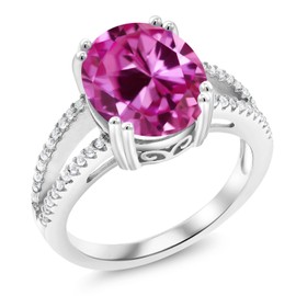 Gem Stone King 6.48 Cttw Pink Created Sapphire Ring For Women | 925 Sterling Silver | Oval 12X10MM | Gemstone September Birthstone | Available In Size 5, 6, 7, 8, 9