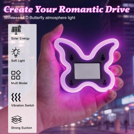Car Light LED Ambient Solar Lights Butterfly Lamp -Powered Heart-Shaped Neon Lights for Car Window Pink Decor 6 Modes Interior Outdoor Decor (1, Pink)