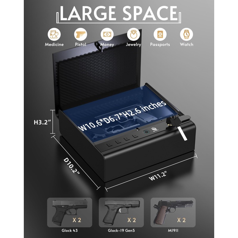 BE-TECH Gun Safe for Handgun,99.9% Accuracy Fingerprint Handgun Safe,3 Ways