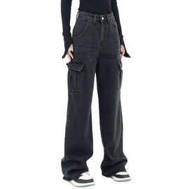 LONGYIDA Women's High Waisted Cargo Jeans Straight Wide Leg Stretch Baggy Jeans Y2K Casual Loose Denim Cargo Pants Trousers(Black,XL)