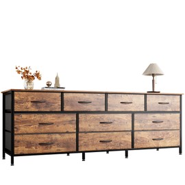 Huuger 63 Inch Dresser for Bedroom, Long Dresser with 10 Fabric Drawers, TV Stand for 55, 65, 70 Inch TV, Toy Storage Organizer for Closet, Rustic Brown