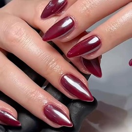 KQueenest Cat Eye Red Press on Nails Almond, Glitter Press on Nails Medium, Sparkly Shiny Soft Gel Fake Nails Set, Cute Bling Chrome Glue on Nails Medium Stiletto for Women Fall Winter 30 Pcs
