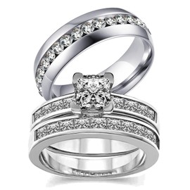 TWO RINGS His Hers Wedding Ring Sets Couples Rings Women's White Gold Filled White CZ Wedding Engagement Ring Bridal Sets & Men's Titanium Wedding Band