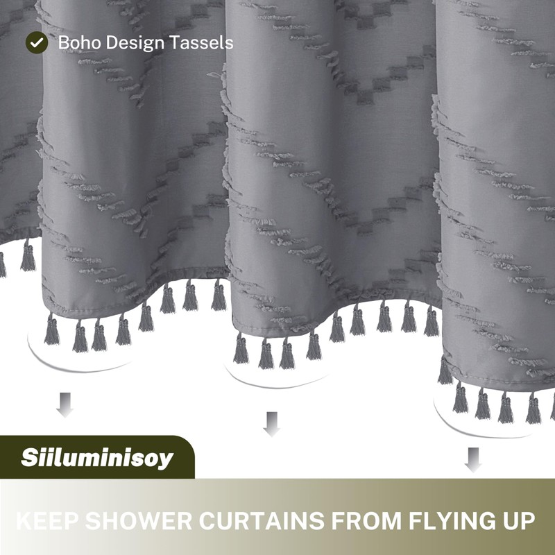 Siiluminisoy Extra Long Grey Boho Shower Curtain with Tassel, Woven