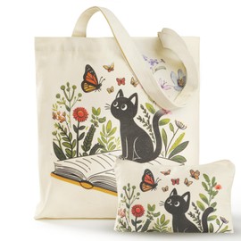 BROADREAM Black Cat Canvas Tote Bag with Zipper Vintage Tote Bag Cute Canvas Bags Aesthetic Reusable Shopping Bag Birthday Gifts for Women, Mother,Lady