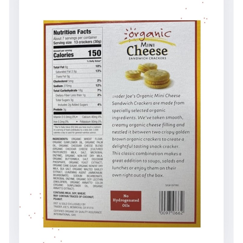 Organic Mini Cheese Sandwich Crackers Pack of 3. 7.5oz each