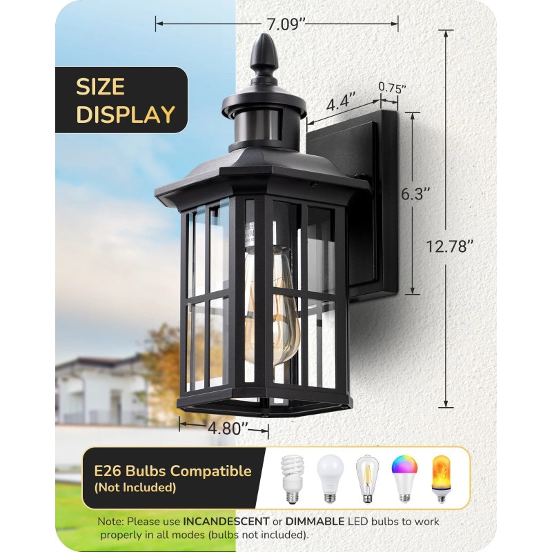 EDISHINE Outdoor Motion Sensor Porch Light Dusk to Dawn Wall