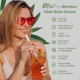 EcoPreps Biodegradable Jumbo Smoothie Straws, Bamboo Fiber Boba Straws - 50 PCS, Extra Wide, 100% Compostable, Plastic-Free, Eco-Friendly Large Wide-Mouthed Straw - 8.3'' Long Bamboo Disposable Straw