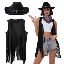 PARTTELY Western Cowgirl Outfits for Women, 70s Hippie Costume Cowgirl Tassels Fringe Vest, Cowboy Hat for Women, Bandana