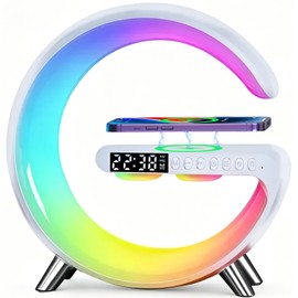 4 In 1 Smart LED Table Lamp, Alarm Clock, Bluetooth Speaker, Wireless Charger, App Control Night Light Bedside Lamp with Fast Charging Station for Bedroom, Home Decor, Family, Teen Girls Boys Gifts