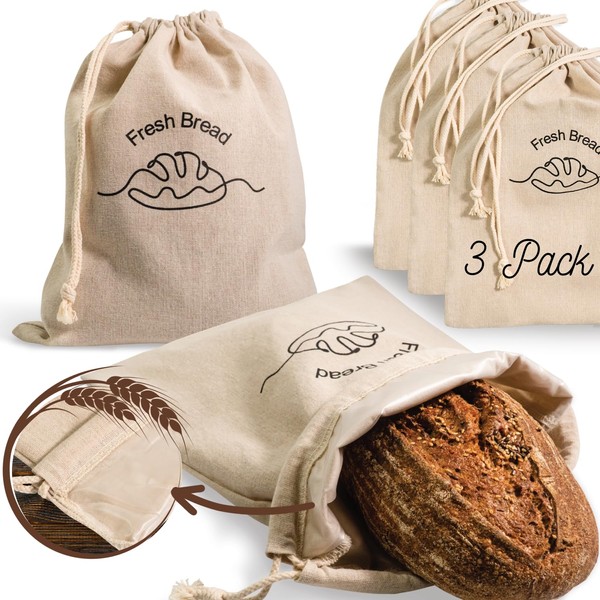 Simply H&K Linen Bread Bags [Pack of 3] with Inner