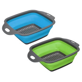 CASA -J Collapsible Colander Set, 2pcs Silicone Square Foldable Strainer Space Saving Suitable for Pasta, Vegetables, Fruits - Blue Green Small