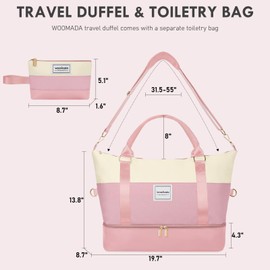 WOOMADA Weekender Bag for Women, Large Carry On Bag with Shoe Compartment, Hospital Labor & Delivery Overnight Bag with Toiletry Bag(Beige&Pink)