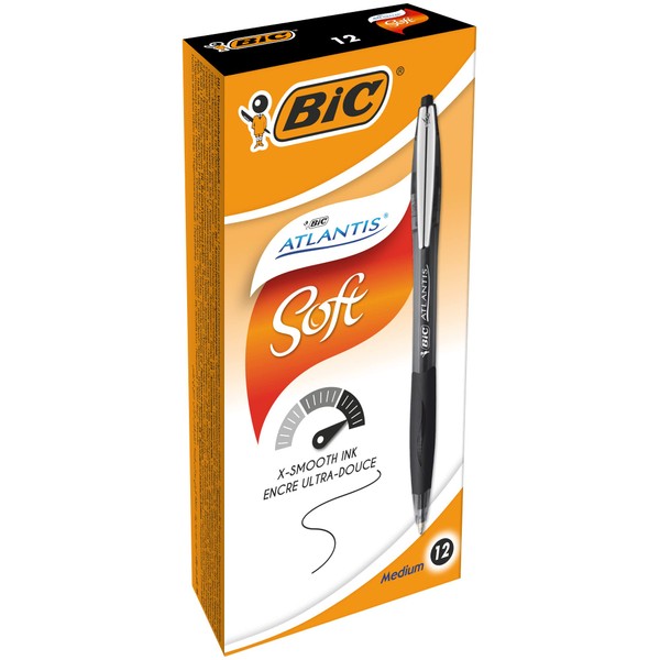 BIC Atlantis Classic Retractable Ball Pens - Box of 12- Black Colour- Medium Point (1.0 mm) - Soft Rubber Grip