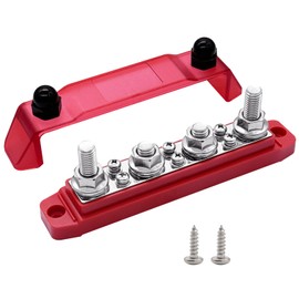 Ampper Power Distribution Block Bus Bar, 4 x 3/8" (M10) Studs, 6 x #8 (M4) Terminal Screws, 6.3" 12V 300A Battery BusBar with Cover for Auto, Boat and Solar (Red)