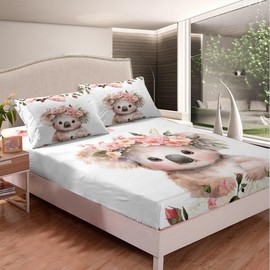 Feelyou Cute Koala Fitted Sheet Queen Size Kids Cartoon Animal Bedding Set for Boys Girls Teens Flower Floral Print Bed Sheet Set Farm Zoo Garden Theme Bed Cover Deep Pocket Room Decor
