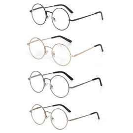 EYE ZOOM 4 Pack Metal Frame Round Reading Glasses with Spring Hinge (Multi Color, +2.00 Strength)